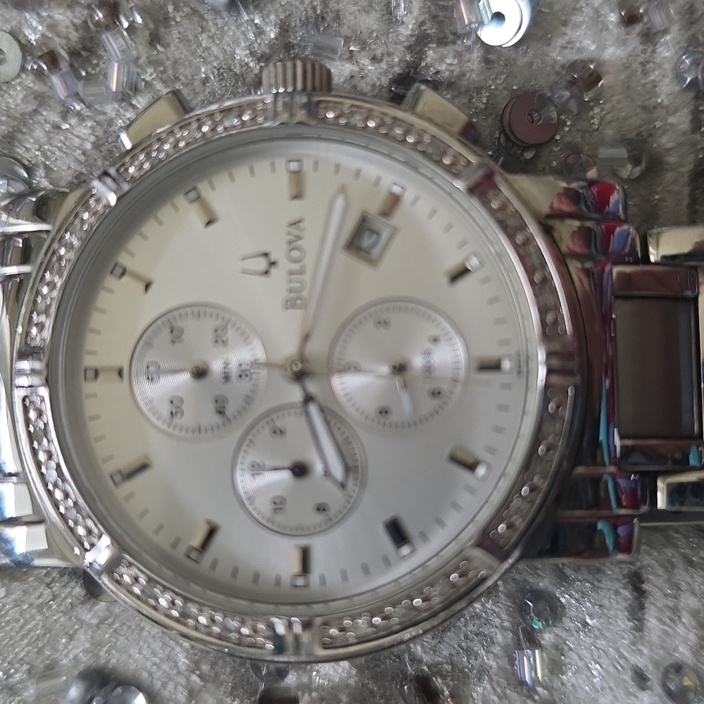 Bulova Silver Tone Chronograph Vintage Mens Watch with Diamonds C837419